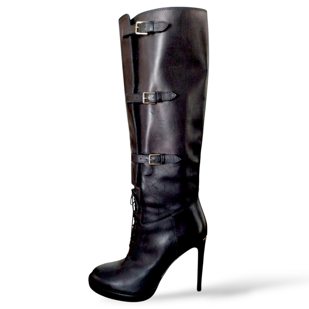 Burberry Black Leather Knee-High Platform Buckle Boots 37.5 Italy
